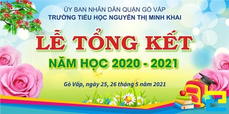 Mẫu 7: Phông nền lễ tổng kết năm học có tông màu xanh lá cây – xanh dương, và kiểu chữ đơn giản.