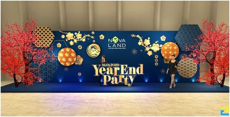Trang trí sân khấu tiệc tất niên với backdrop