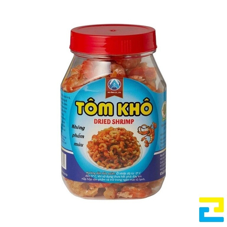 Mẫu tem nhãn tôm khô được in trên hộp nhựa