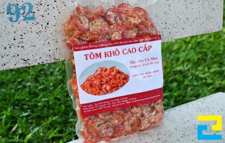 Mẫu tem nhãn tôm khô có phối màu hài hòa