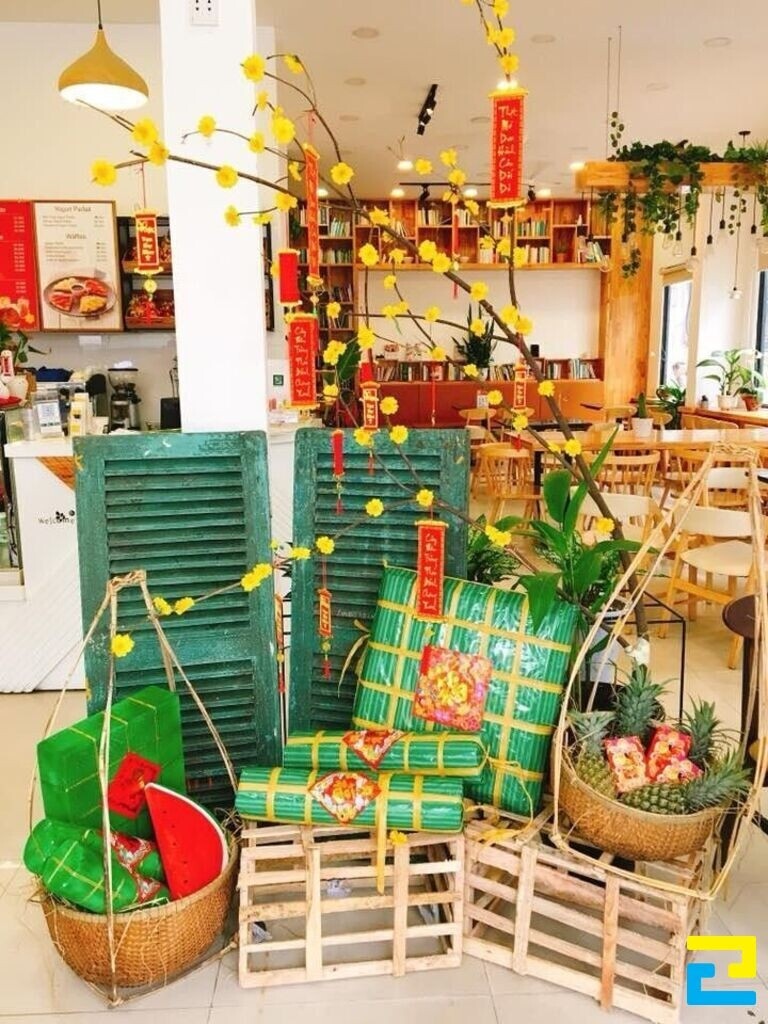 Trang trí quán trà sữa với tiểu cảnh tết