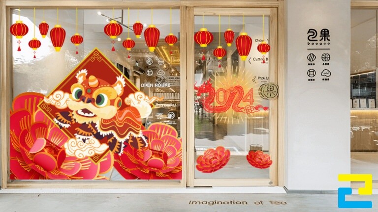 Trang trí không gian quán bằng decal chủ đề tết
