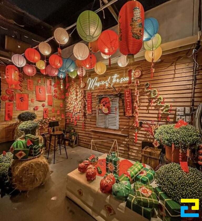 Trang trí tết quán trà sữa với đèn lồng