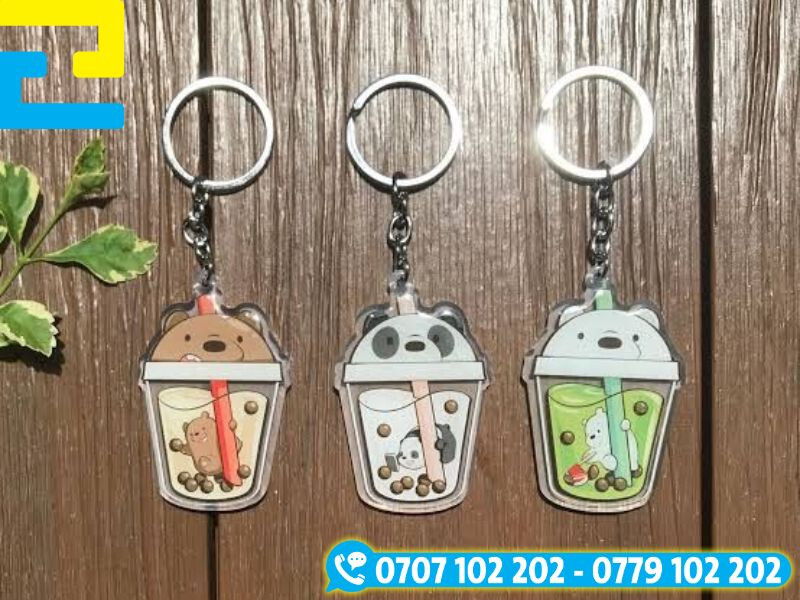 Móc khóa trà sữa chất liệu mica in uv