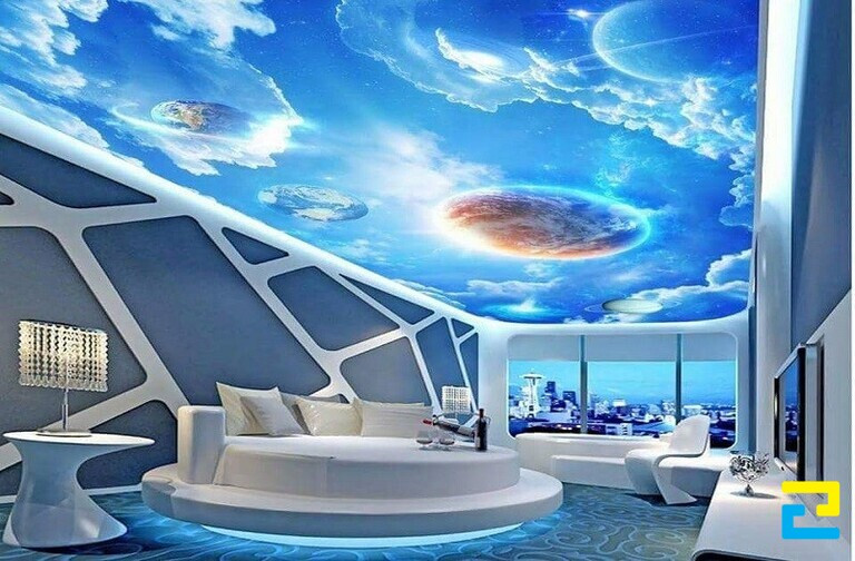 Trần xuyên sáng in tranh 3D được nhiều người yêu thích bởi làm tăng tính thẩm mỹ của không gian sống