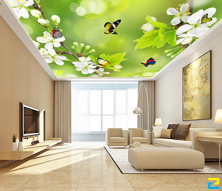 Mẫu in tranh trần xuyên sáng hoa cỏ thiên nhiên xanh mát