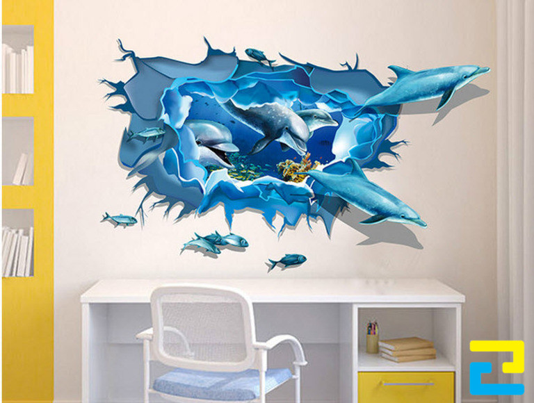 Mẫu Decal 3D đàn cá heo dán tường
