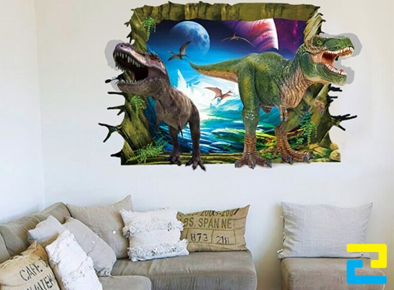 Mẫu Decal 3D khủng long dán tường