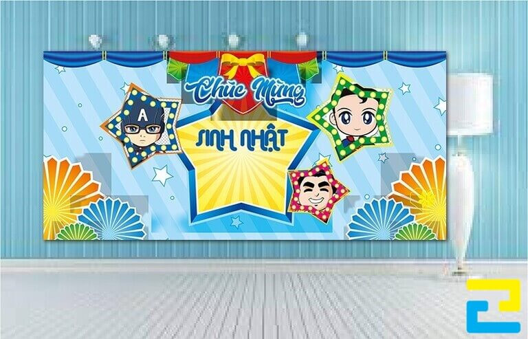 Mẫu phông nền sinh nhật cho bé nam in hình siêu nhân, siêu anh hùng
