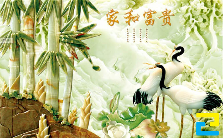 Tranh in 3D hình chim hạc, rừng trúc dán tường