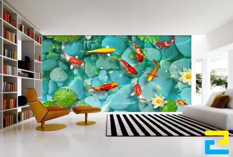 Tranh in 3D dán tường hình cá lượn trong hồ