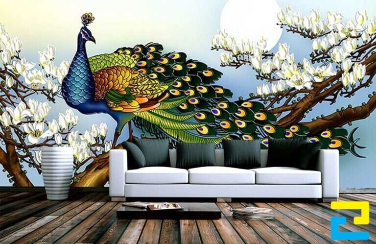 Tranh in 3D dán tường hình con công quý phái